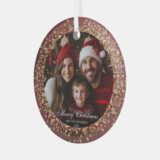 Elegante Rood Goud Glitter Kerstmis Familiefoto Glas Ornament (Voorkant links)