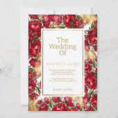 Elegante rood goud groene pioenen bloemenbruiloft kaart (Voorkant)