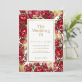 Elegante rood goud groene pioenen bloemenbruiloft kaart (Staand voorkant)