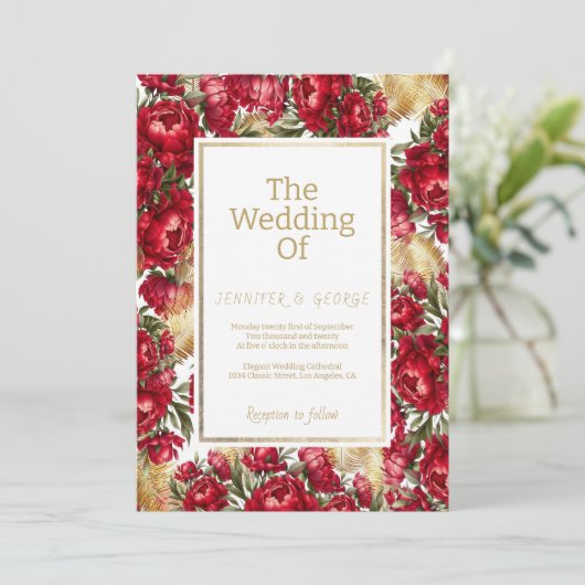 Elegante rood goud groene pioenen bloemenbruiloft kaart (Staand voorkant)