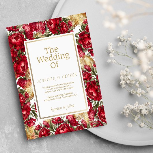 Elegante rood goud groene pioenen bloemenbruiloft kaart