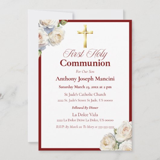 Elegante Rood/Goud Heilige Communie uitnodiging (Voorkant)