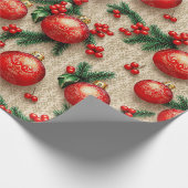 Elegante Rood Goud Kerst Ornamenten Holly Cadeaupapier (Hoek)