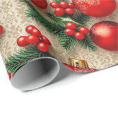 Elegante Rood Goud Kerst Ornamenten Holly Cadeaupapier (Rol Hoek)