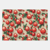 Elegante  Rood Goud Kerst Ornamenten Holly Inpakpapier Vel (Voorkant 3)