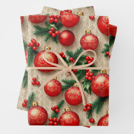 Elegante  Rood Goud Kerst Ornamenten Holly Inpakpapier Vel