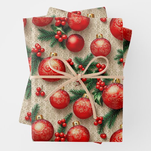Elegante  Rood Goud Kerst Ornamenten Holly Inpakpapier Vel (In situ)