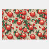 Elegante  Rood Goud Kerst Ornamenten Holly Inpakpapier Vel (Voorkant)