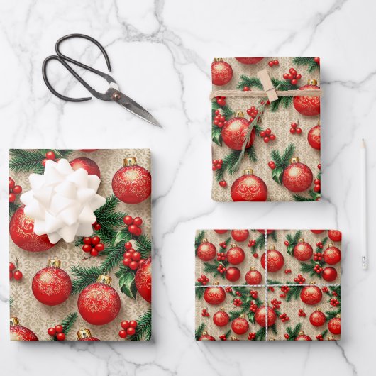 Elegante  Rood Goud Kerst Ornamenten Holly Inpakpapier Vel (Voorkant)