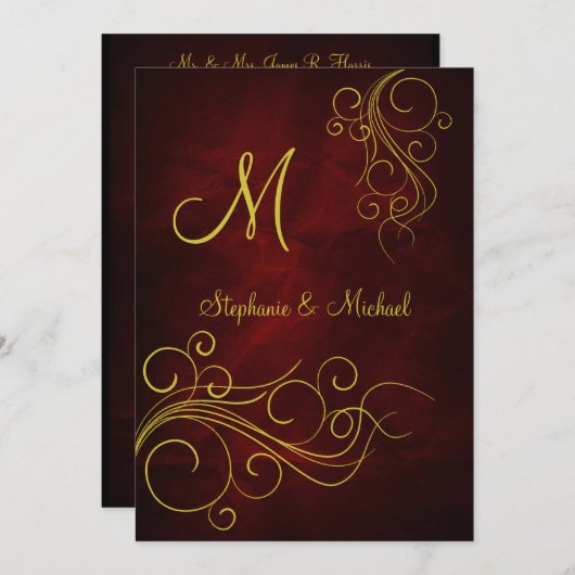 Elegante Rood Goud Monogram Huwelijksuitnodiging Kaart (Voorkant / Achterkant)