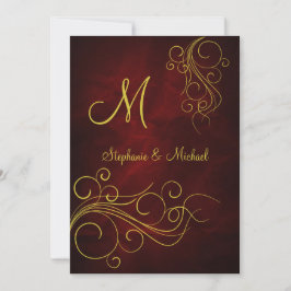 Elegante Rood Goud Monogram Huwelijksuitnodiging Kaart