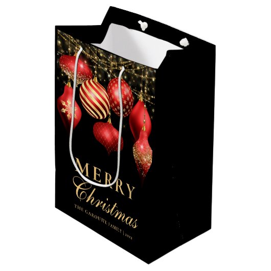 Elegante Rood & Goud Ornament Kerstmis Medium Cadeauzakje (Voorkant Gekanteld)