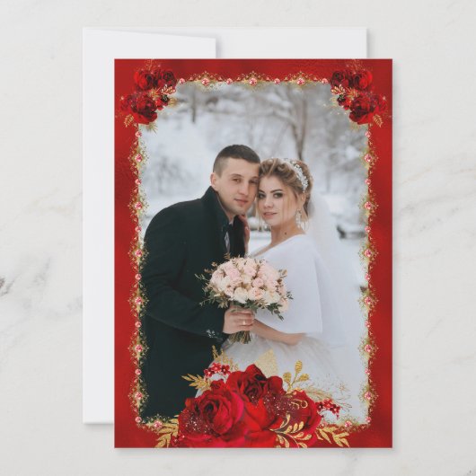 Elegante Rood Goud Rozen Bloemen Fotobruiloft Aankondiging (Achterkant)