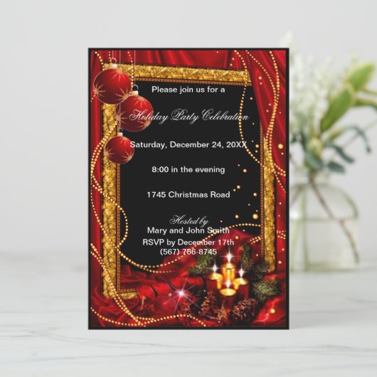 Elegante rood gouden kerstfeest uitnodiging (Staand voorkant)