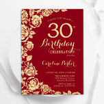 Elegante Rood Gouden Rozen 30ste Verjaardag Kaart<br><div class="desc">Rood gouden bloemen 30e verjaardag uitnodiging. Elegant ontwerp met rozen,  faux gouden folie en typografisch lettertype. Trendy uitnodigingskaart ideaal voor een stijlvol vrouw bday-feest. Kan worden aangepast aan elke leeftijd. Gedrukte Zazzle-uitnodigingen of direct downloadbare digitale afdrukbare sjabloon.</div>