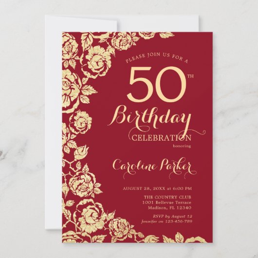 Elegante Rood Gouden Rozen 50ste Verjaardag Kaart (Voorkant)