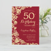 Elegante Rood Gouden Rozen 50ste Verjaardag Kaart (Staand voorkant)