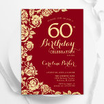 Elegante Rood Gouden Rozen 60ste Verjaardag Kaart<br><div class="desc">Rood gouden bloemen 60e verjaardag uitnodiging. Elegant ontwerp met rozen,  faux gouden folie en typografisch lettertype. Trendy uitnodigingskaart ideaal voor een stijlvol vrouw bday-feest. Kan worden aangepast aan elke leeftijd. Gedrukte Zazzle-uitnodigingen of direct downloadbare digitale afdrukbare sjabloon.</div>