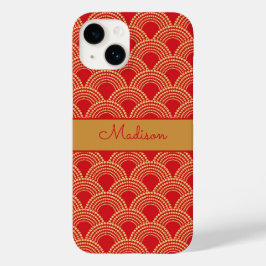 Elegante Rood Gouden Scallop Patroon Gepersonalise Case-Mate iPhone 14 Hoesje
