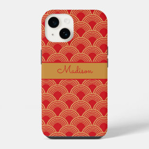 Elegante Rood Gouden Scallop Patroon Gepersonalise iPhone 14 Hoesje