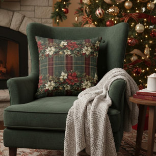 Elegante Rood Groen Geruit Rode Poinsettia Kerstmi Kussen