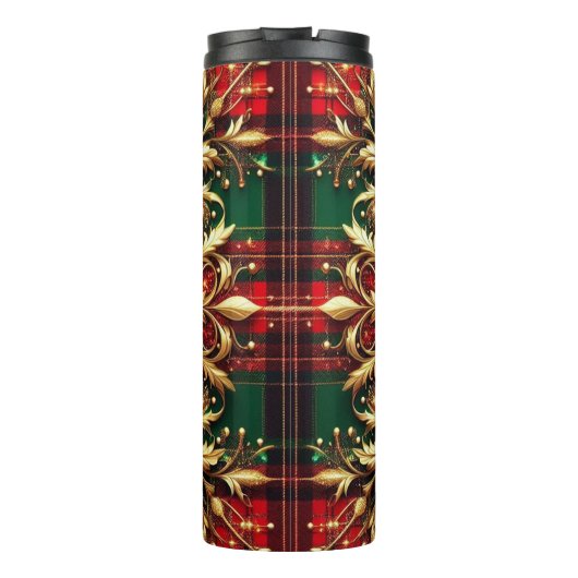 Elegante rood groen goud feestelijke plaid thermosbeker (Achterkant)