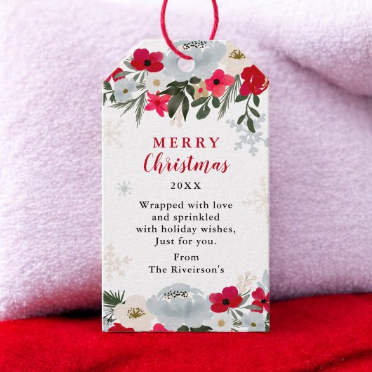 Elegante Rood Groene bloemige sneeuwvlok Kerstmis Cadeaulabel