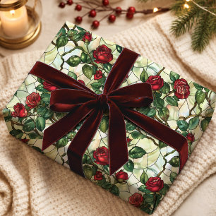 Elegante Rood Groene Glas-in-lood Bloem Cadeaupapier