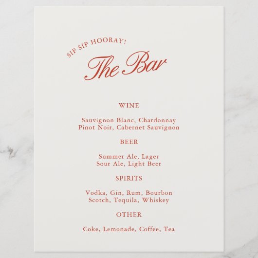 Elegante  Rood & Ivoor Wedding Bar Menu (Voorkant)