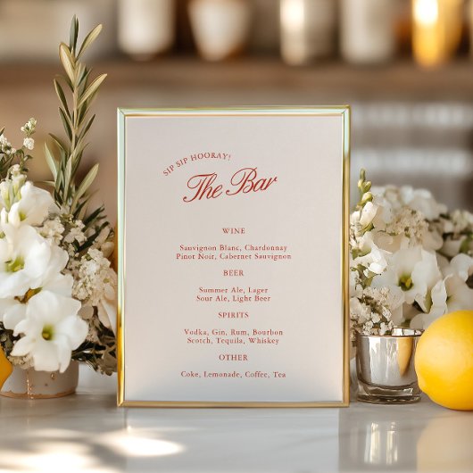 Elegante Rood & Ivoor Wedding Bar Menu