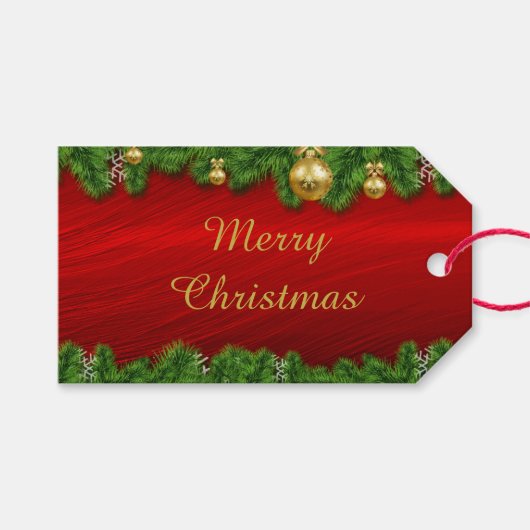 Elegante Rood met Dennenkristal Kerstmis Cadeaulabel (Voorkant (Horizontaal))