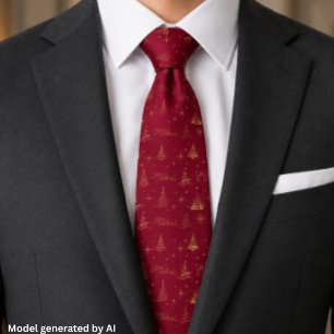 Elegante Rood Met Gouden Kerstboom Doodles Stropdas