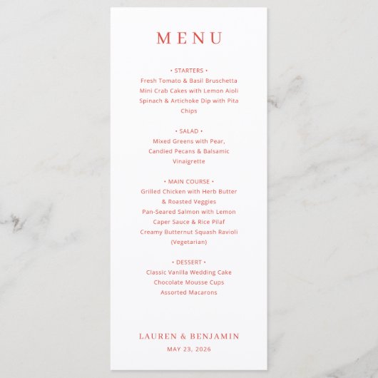 Elegante Rood Minimalistisch Menu (Voorkant)