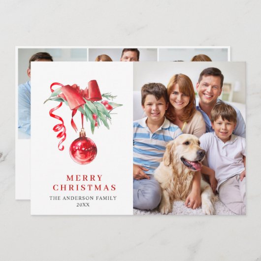 Elegante Rood Ornament Kerst Groet 4 FOTO Feestdagenkaart (Voorkant / Achterkant)