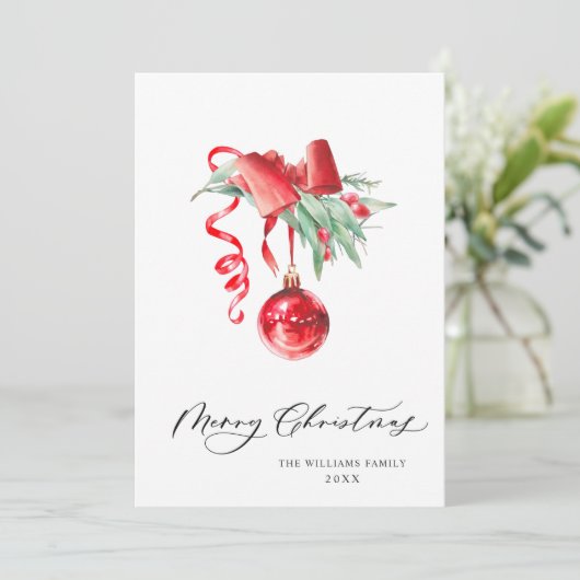 Elegante Rood Ornament Zalig Kerst Groet Feestdagenkaart (Staand voorkant)