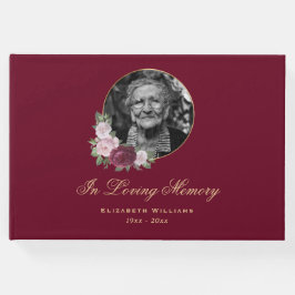 Elegante rood roze goud bloemenbegrafenis foto gastenboek