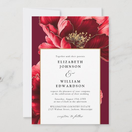 Elegante rood-wijn en gouden bloemencode QR Code-h Kaart (Voorkant)