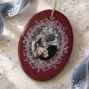 Elegante rood-wijnkleurige vintage lijst foto keramisch ornament