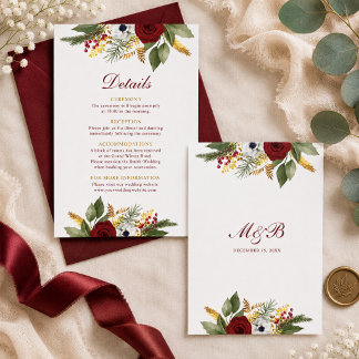 Elegante rood-wijnrode en gouden bloemenscript bru informatiekaartje