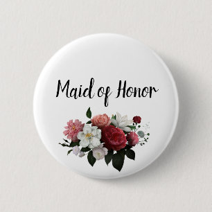 Elegante rood-wijnrode en roze bloemen getuige va ronde button 5,7 cm