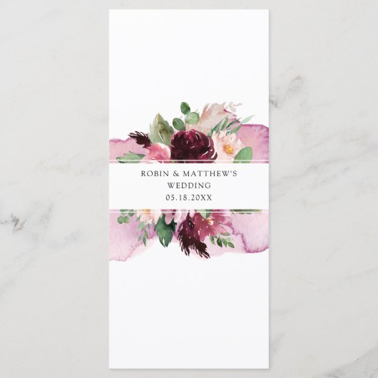 Elegante rood-wijnroze bloemige trouwmenu menu (Achterkant)