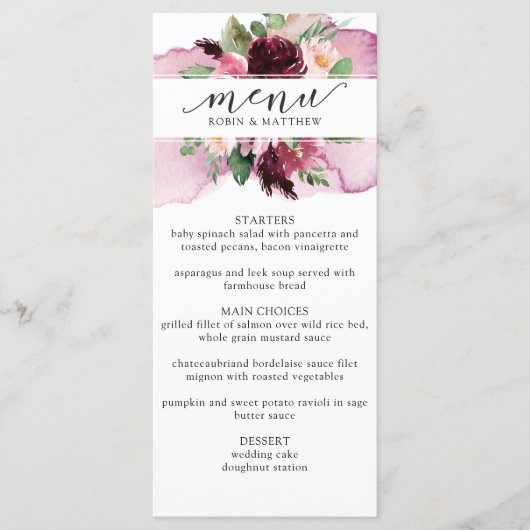 Elegante rood-wijnroze bloemige trouwmenu menu (Voorkant)