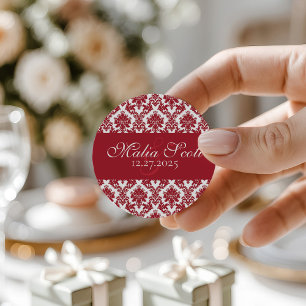 Elegante Rood Wit Damast Huwelijksgunst Ronde Sticker