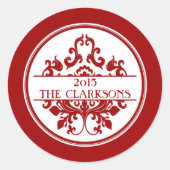 Elegante Rood Wit Damast Ronde Envelop Afdichting Sticker (Voorkant)