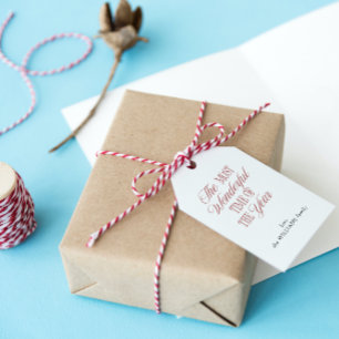 Elegante rood & wit script typografie kerst cadeaulabel