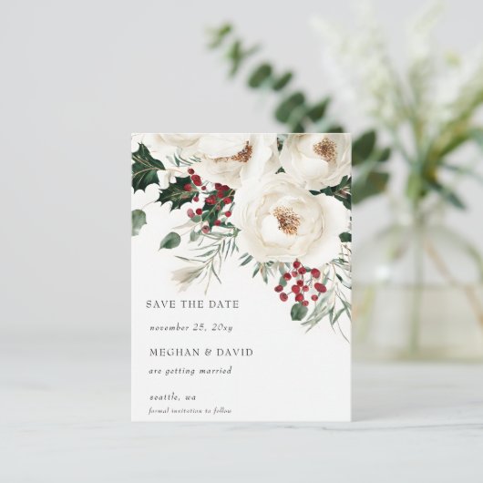 Elegante Rood Wit Winter Kerstmis Save the Date Aankondigingskaart (Staand voorkant)