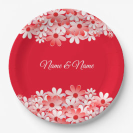 Elegante Rood Witte Bloem Naam Feest Papieren Bordje