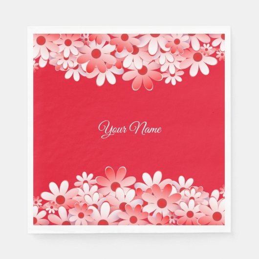 Elegante Rood Witte Bloem Naam Feest Servet (Voorkant)