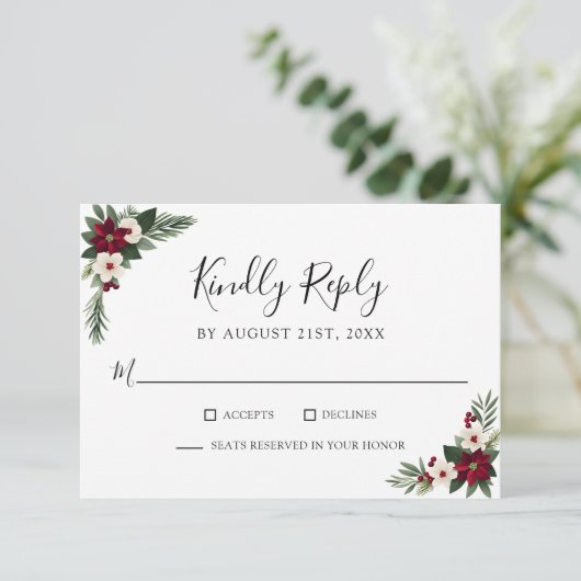 Elegante Rood-Witte Bloemige Groene Huwelijks RSVP (Staand voorkant)