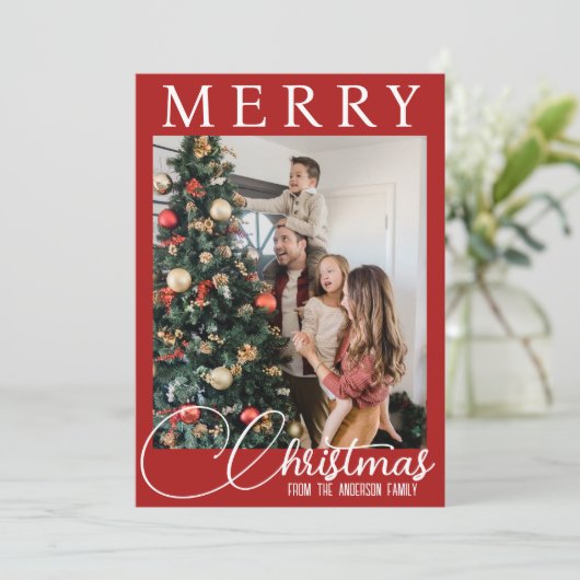 Elegante rood-witte familiefoto Kerstmis Feestdagenkaart (Staand voorkant)